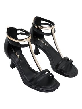 Anne Klein Juliet Black T-Strap Gold Bar Dress Sandals Size 8M